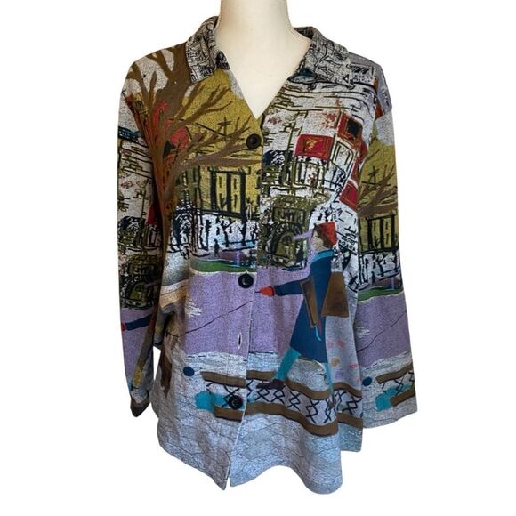 Parsley and Sage Graphic Print Girl Walking Dog City Scene Top  XL - Picture 1 of 8